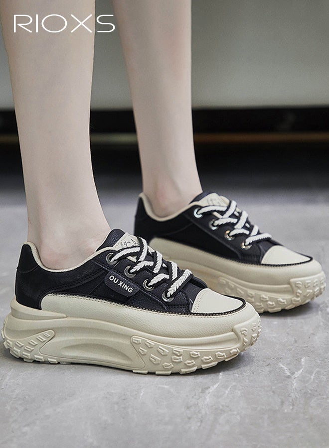 RIOXS Women's Comfort Shoes, 4.5cm Thick Soled Sports Shoes, Fashion Chunky Platform Sneakers for Women, Casual Dating Wedge Sneakers, Classic Lace-Up Athlesiure Shoes, Lady's Lightweight Walking Shoes, Low Top Sneaker for Female,  Anti-slip Trainers for Jogging Running Shopping Daily Wear, Black Footwear - Image 1